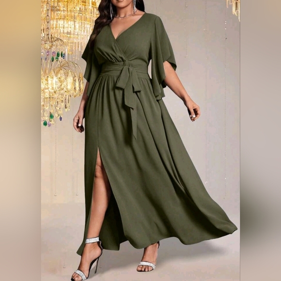 New Flowy Wrap Top Banded Belt Tie Waist Split Maxi Dress PLUS Olive Green - Picture 7 of 9